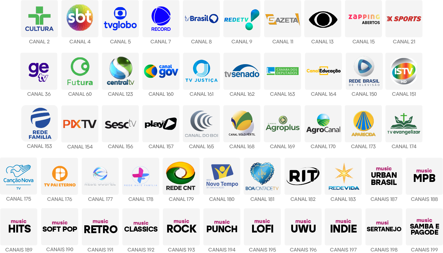 Grade de canais do Pacote TV Lite